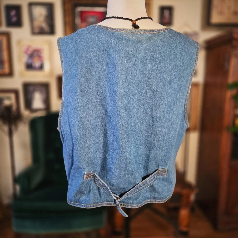 Talk of America Denim Vest Vintage 90s‎ Embroidered Patchwork Country Boho Large